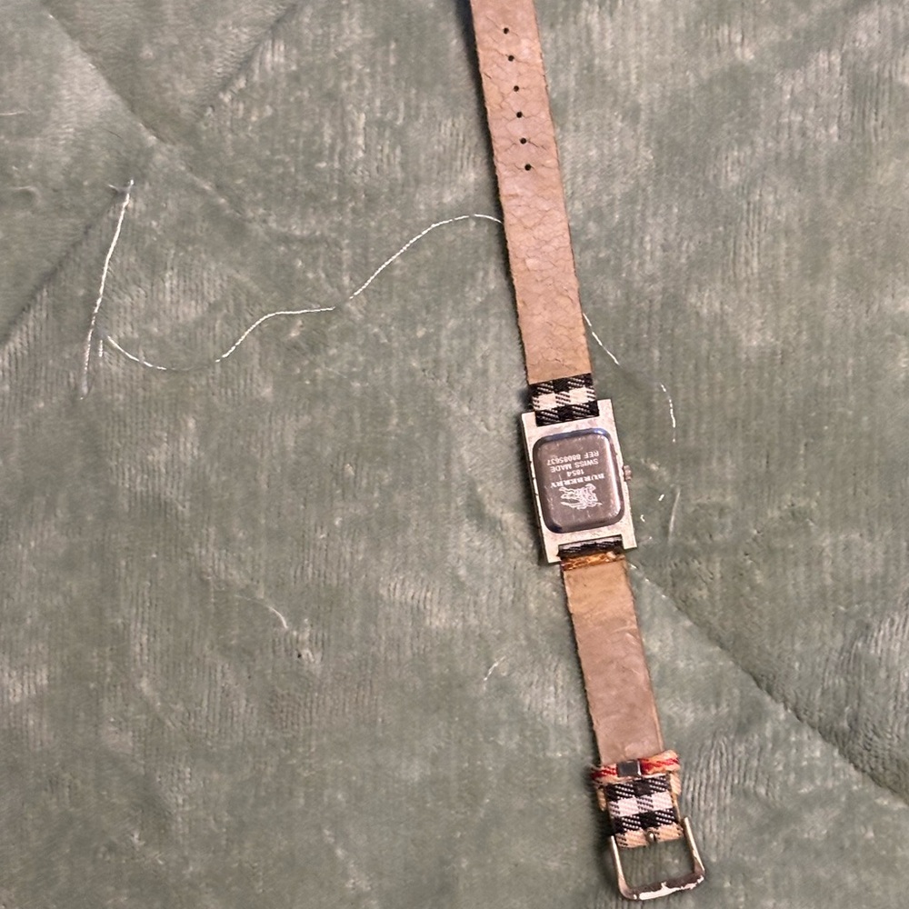 Vintage Burberry Silver-Tone Rectangular Watch Case with Black Plaid Strap used